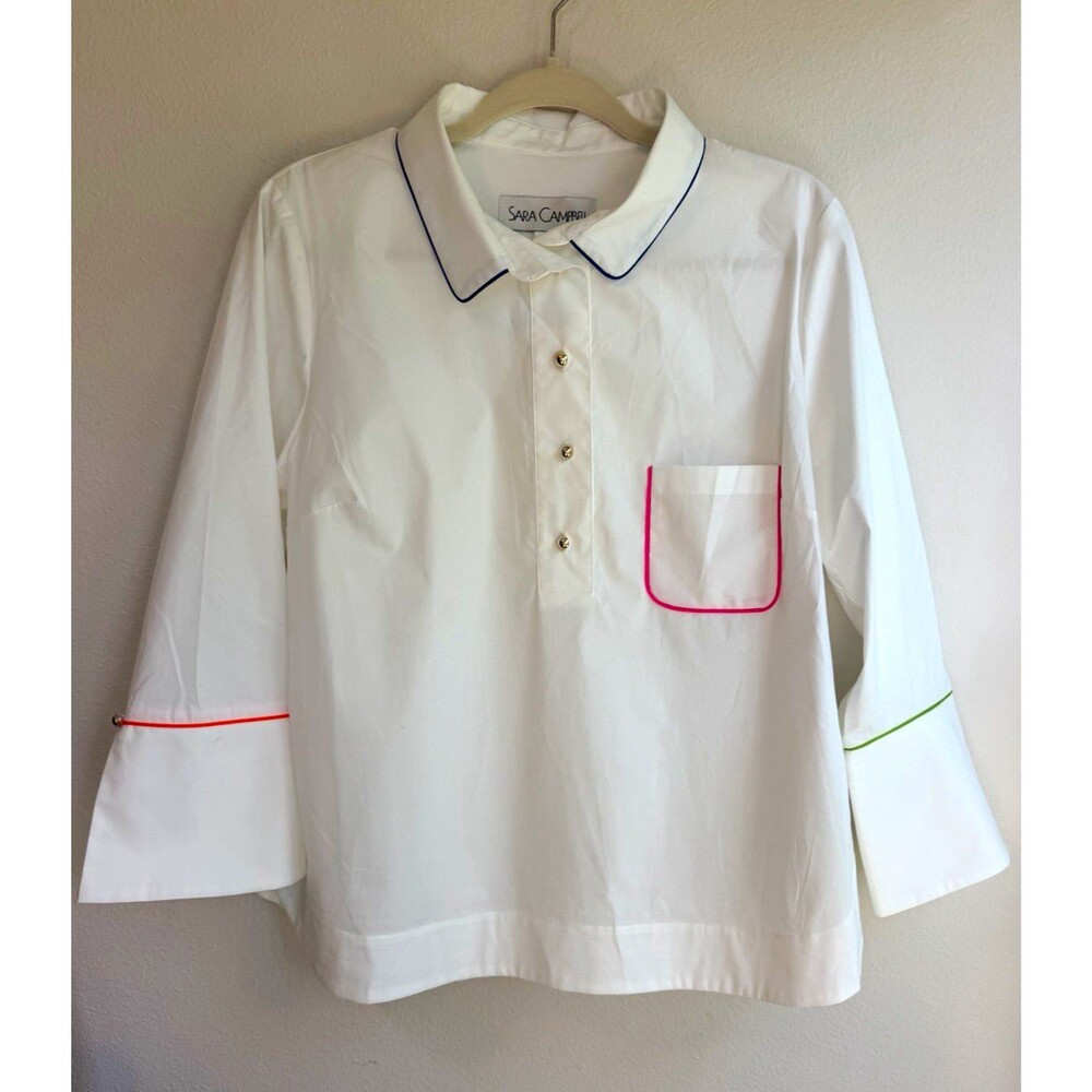 Sara Campbell Women's L White Collared 3/4 Sleeve Contrast Trim Woven Blouse
